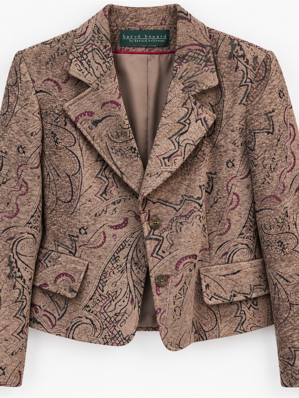 Harve Benard Taupe Printed Paisley Blazer with Black & Plum Accents